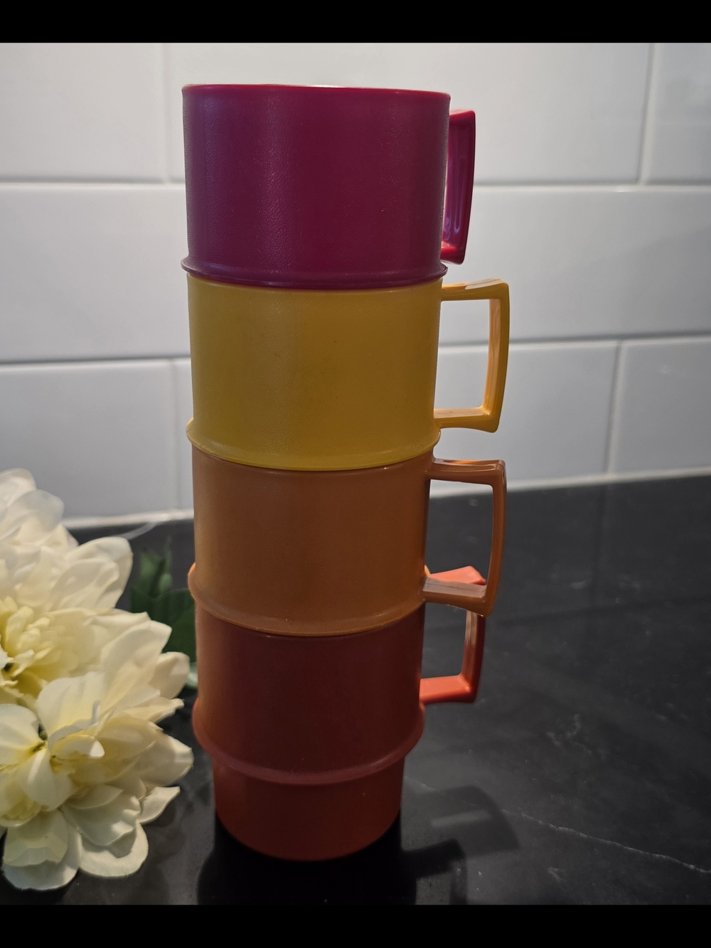 Set of 4 Vintage Tupperware Stackable Mugs Autumn